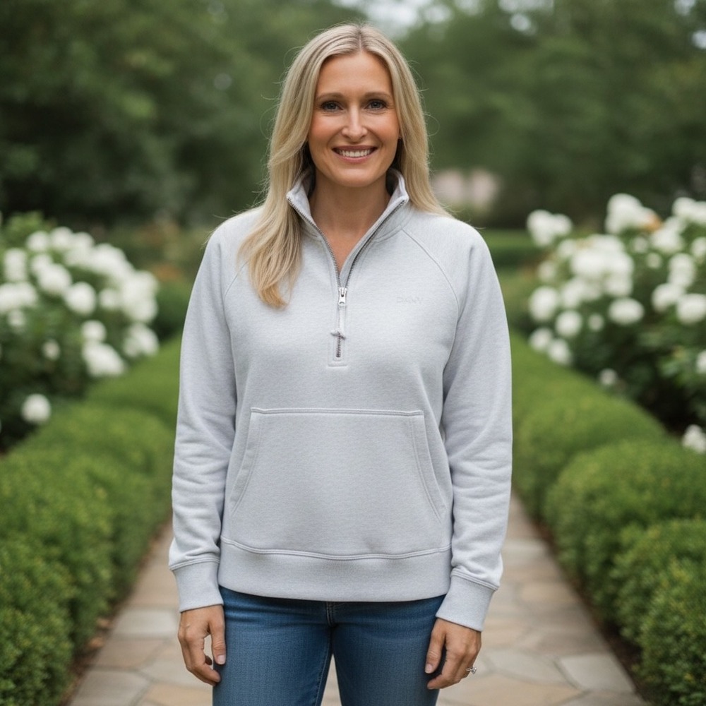 DKNY Sport Womens Gray Quarter Zip Pullover Sweatshirt Fleece Large DP1S4546